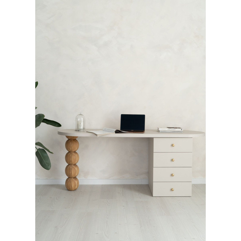 TAVON Desk in cashmere color with a decorative wooden leg and drawers