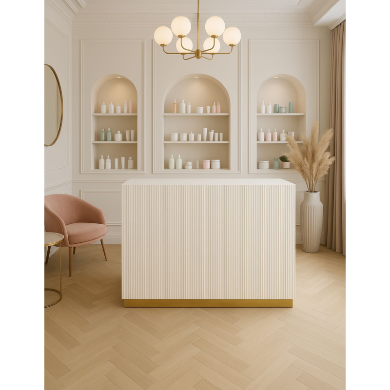 Luksusowa recepcja fryzjerska z ryflowanym frontem – idealna lada do salonu beauty i barberskiego.