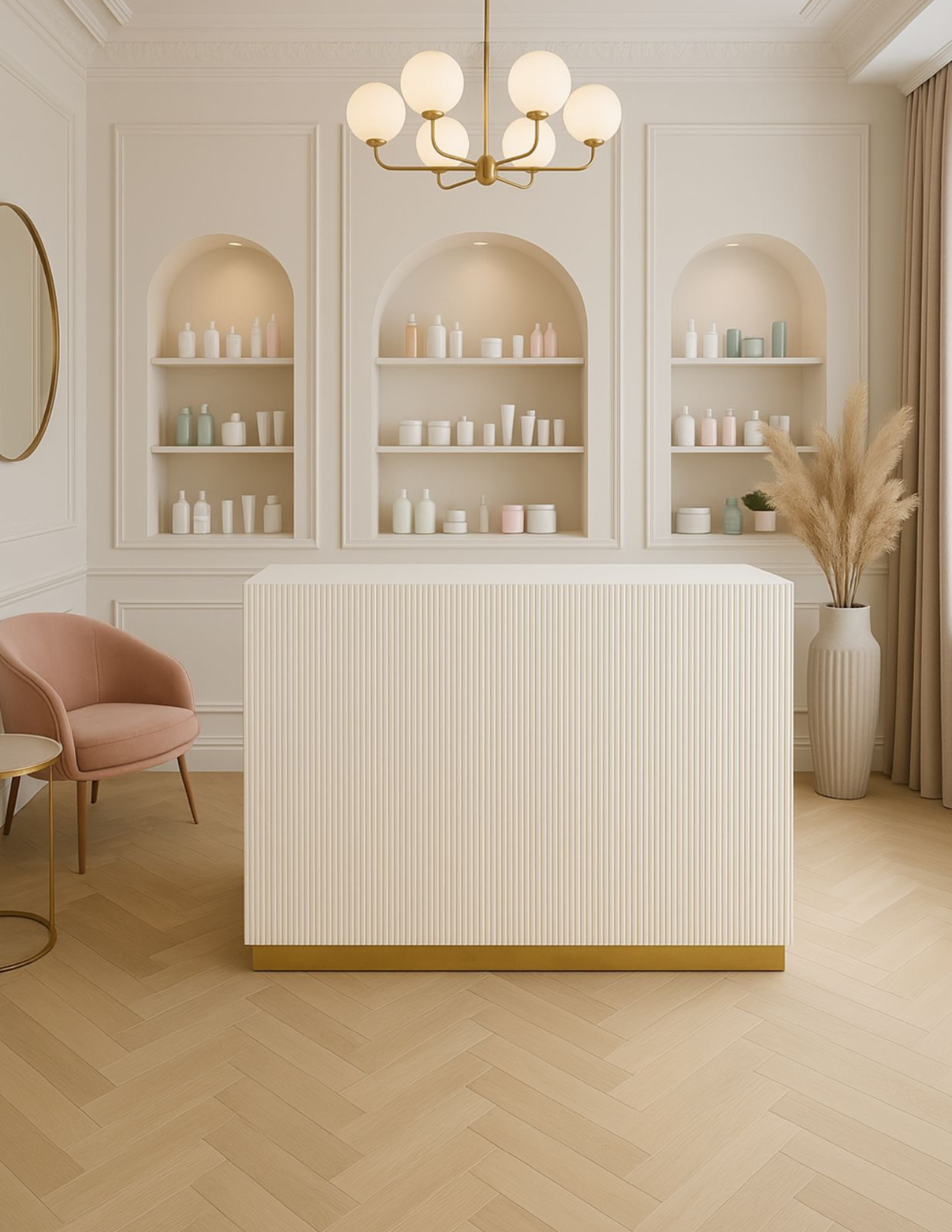 Luksusowa recepcja fryzjerska z ryflowanym frontem – idealna lada do salonu beauty i barberskiego.