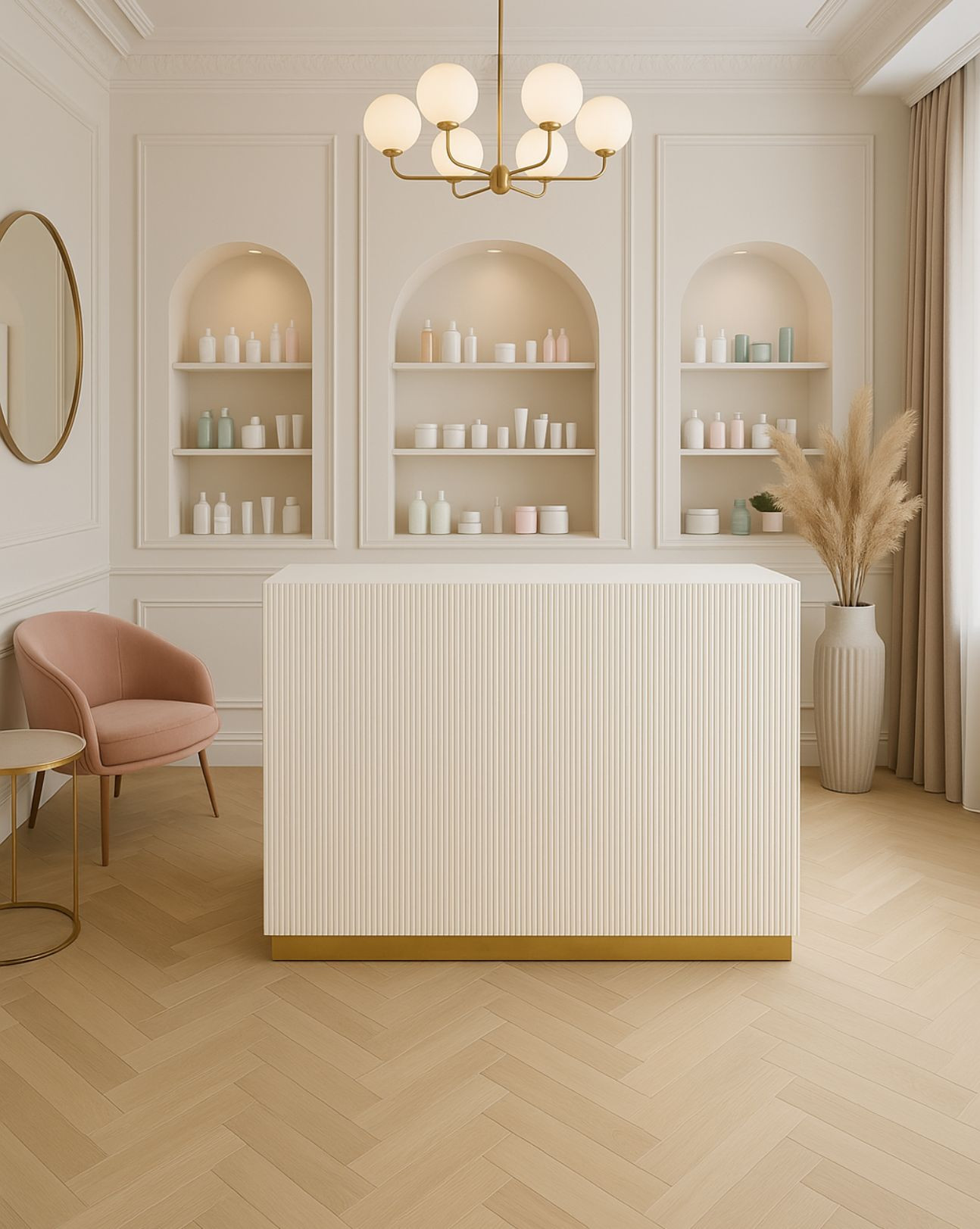 Reception desk for a beauty salon. Grooved reception desk for the waiting area. Reception desk for a beauty salon. Grooved reception desk for the waiting area.