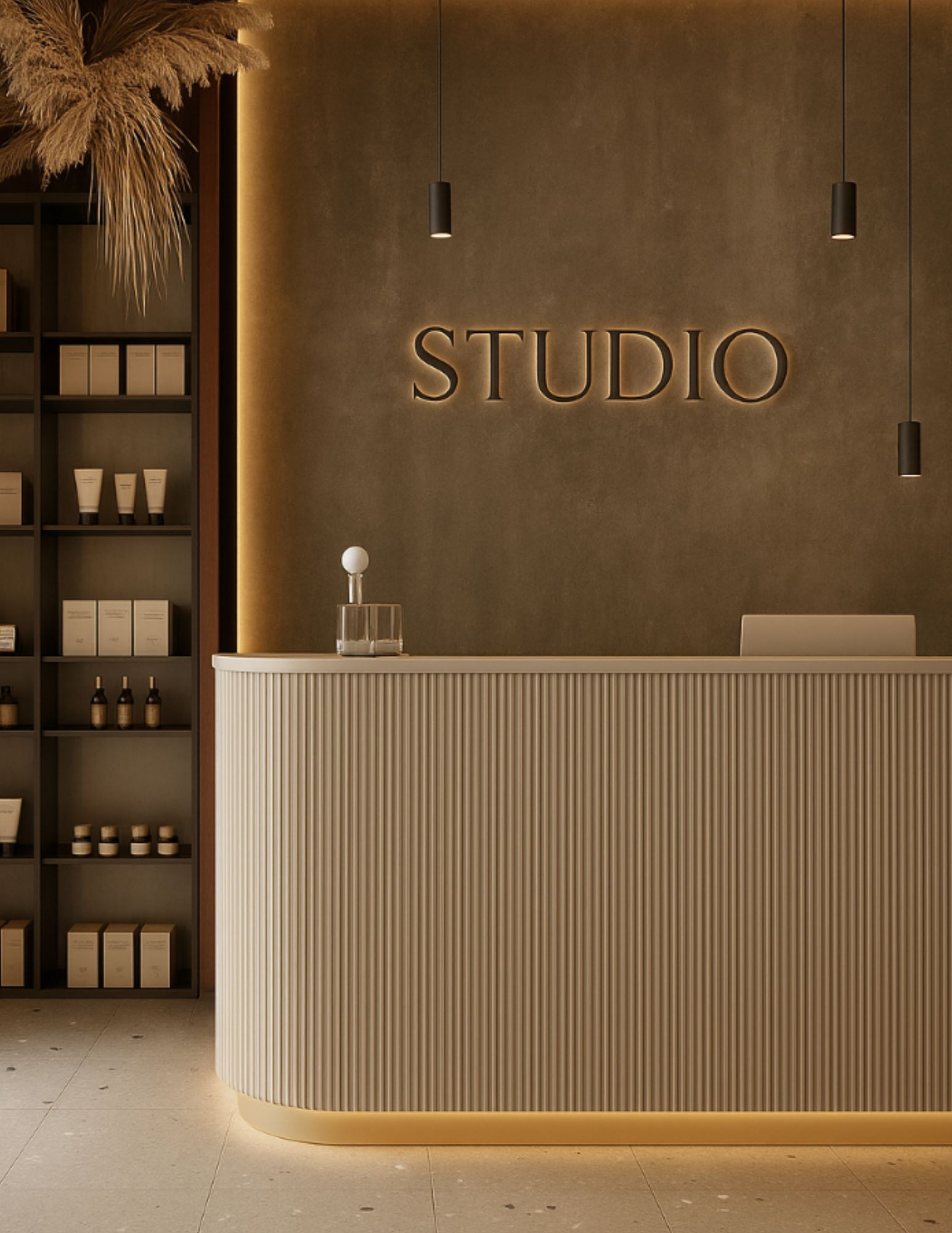 Grooved reception counter for a hair salon