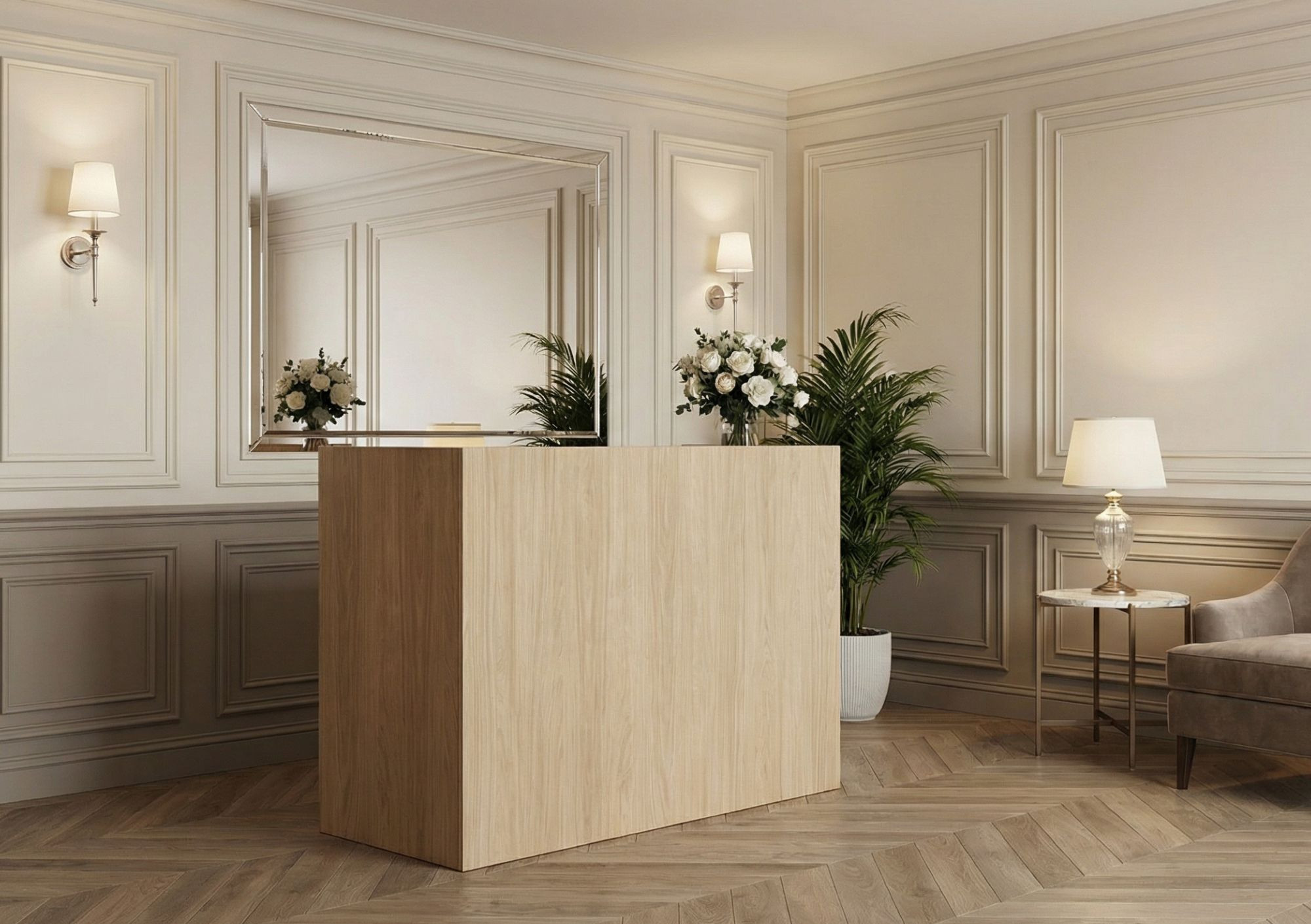 Reception desk with a wood-grain finish