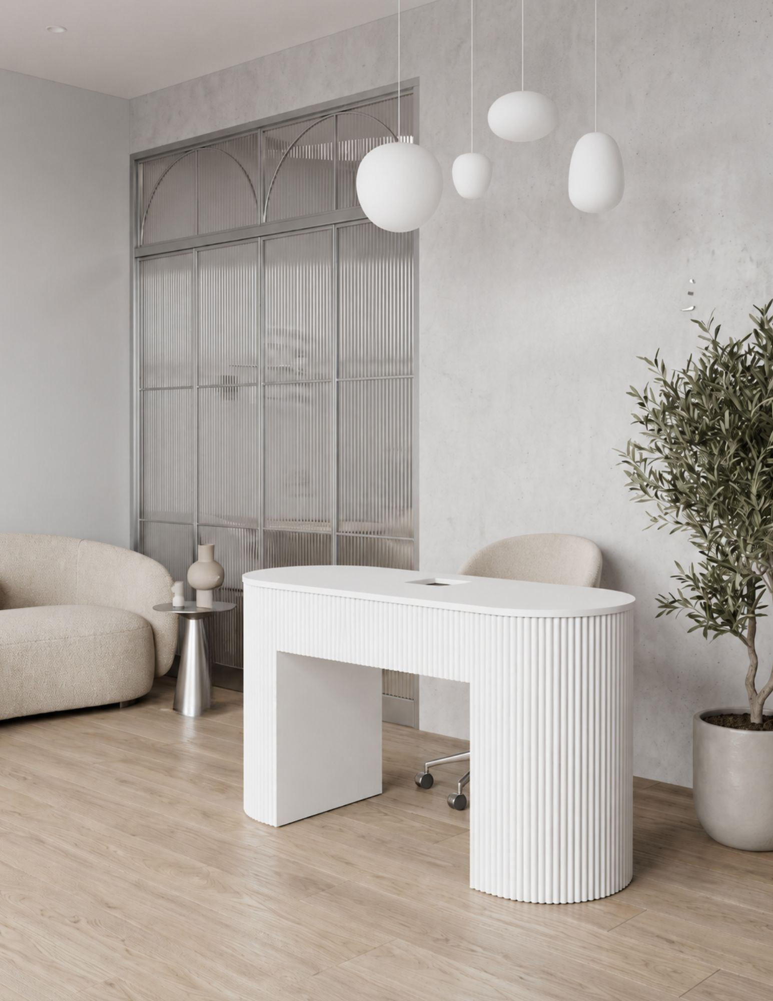 A white, irregularly shaped desk for a beauty salon