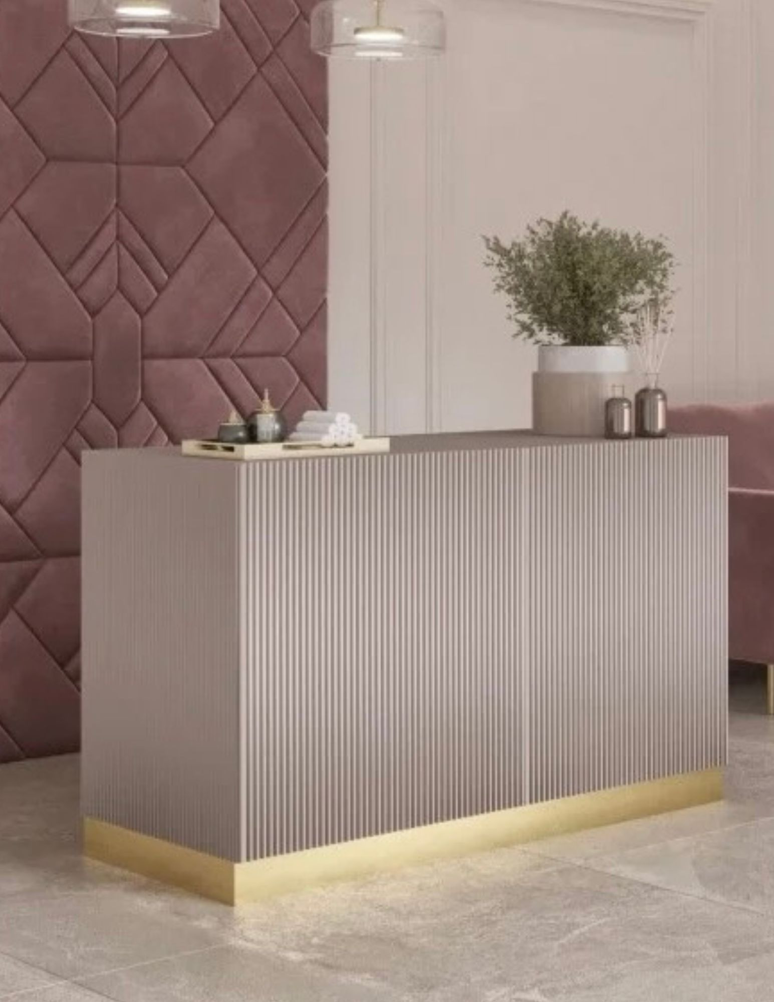Ryflowana lada recepcyjna do salonu beauty – nowoczesna recepcja kosmetyczna w eleganckim stylu.
