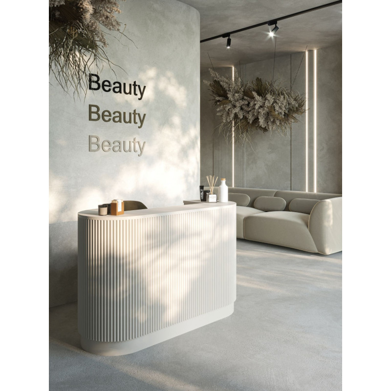 A curved reception desk for a beauty salon