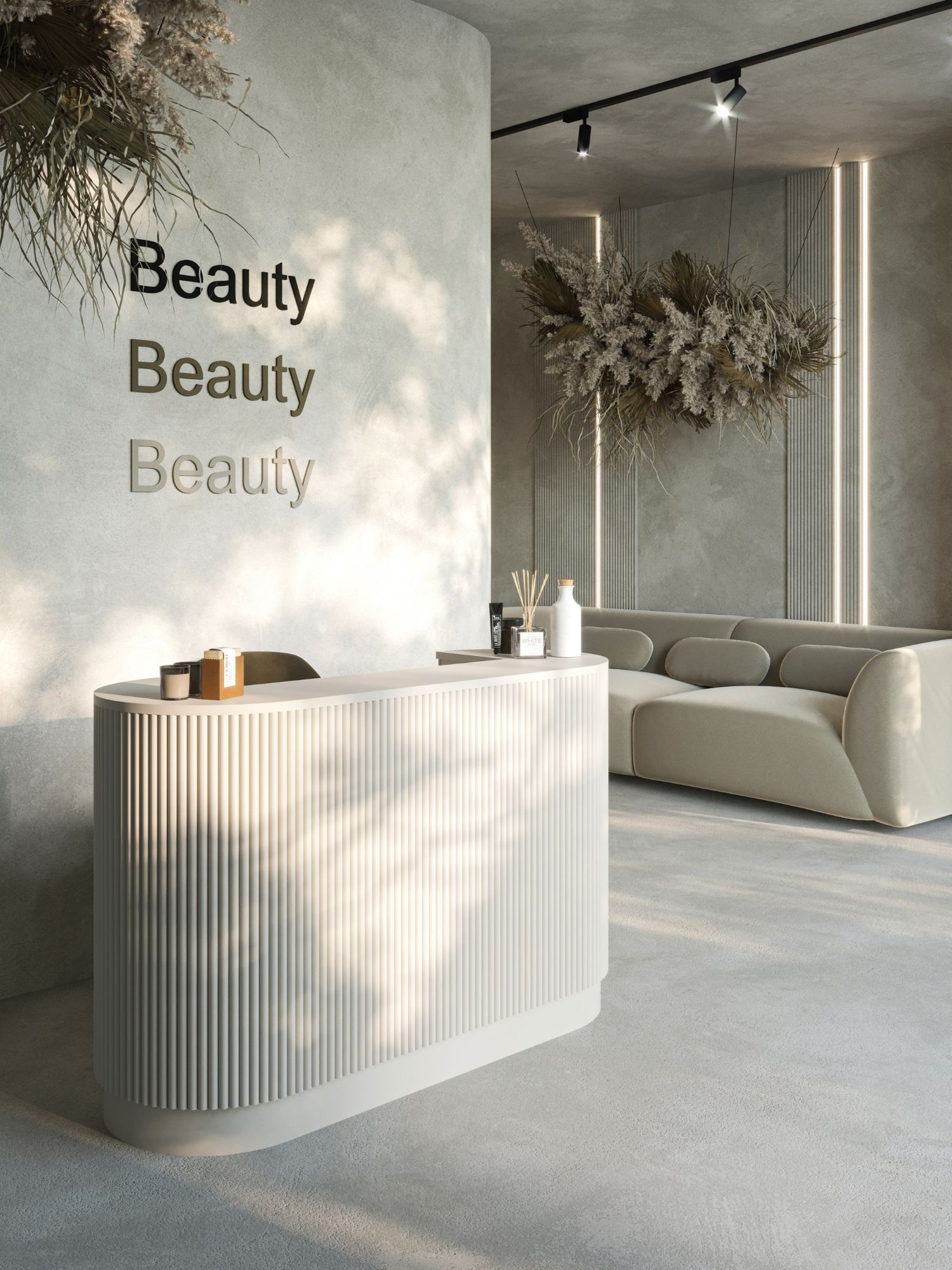 A curved reception desk for a beauty salon