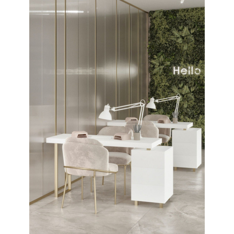 White MALLY makeup vanity with gold legs and a spacious drawer unit