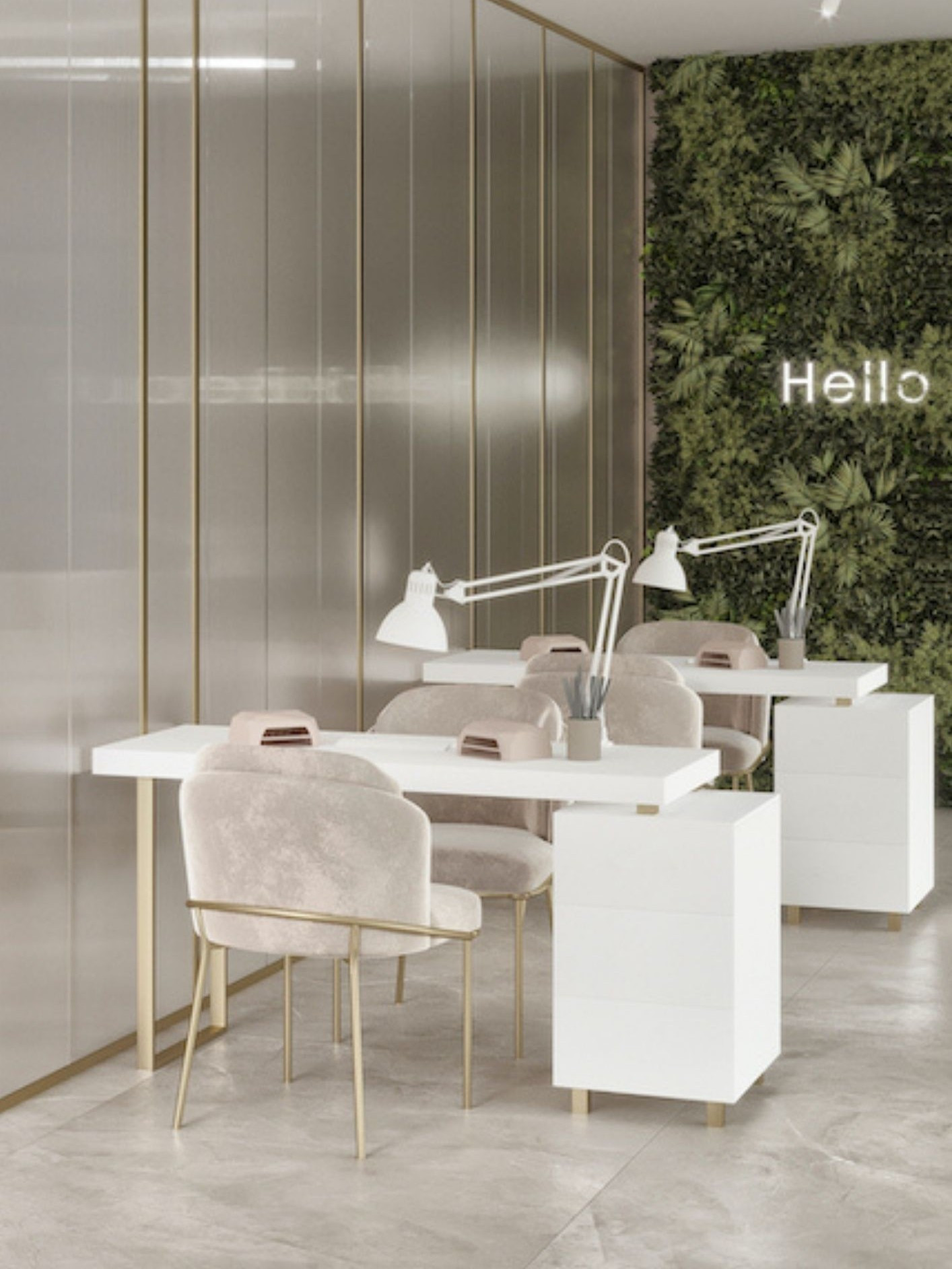 White MALLY makeup vanity with gold legs and a spacious drawer unit