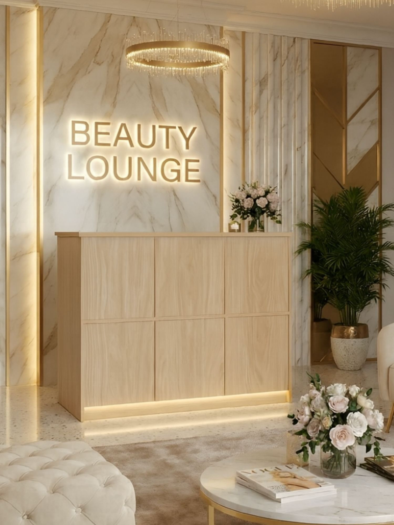 A minimalist reception desk for the ELFINA beauty salon – segmented front