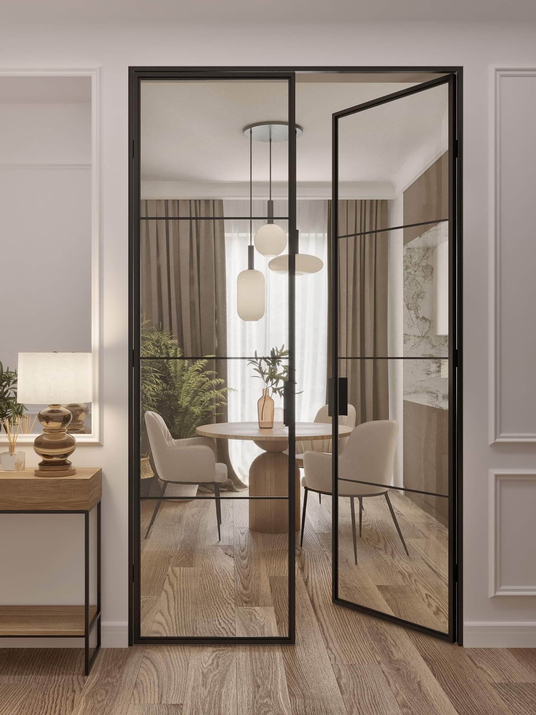 Doppelte Loft-Tür mit Sprossen und schwarzem Rahmen