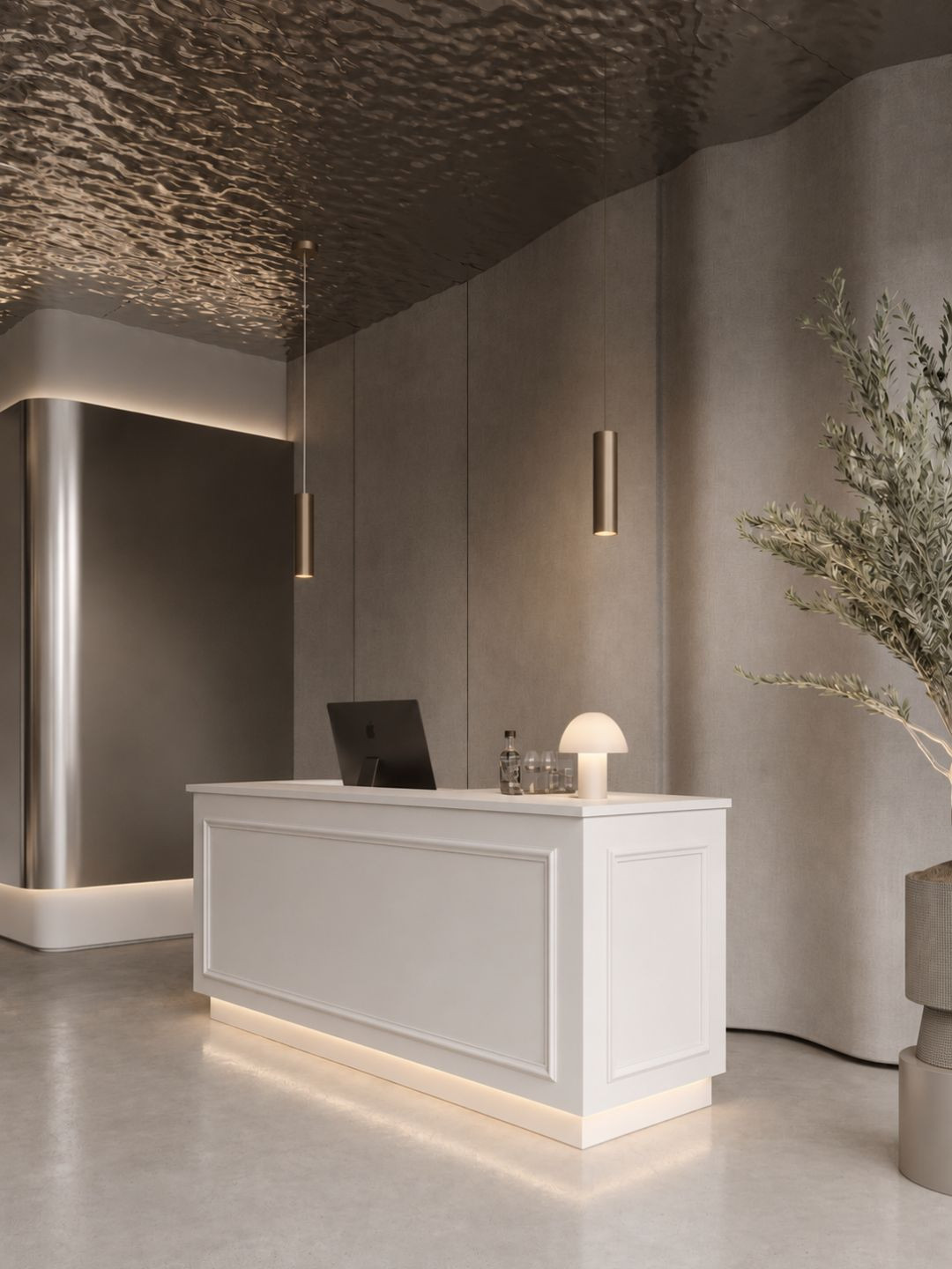 Reception area for an aesthetic medicine clinic featuring stucco work