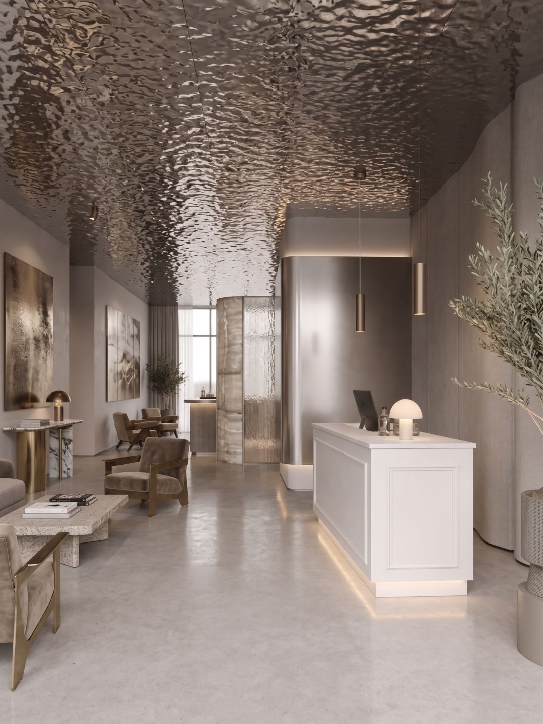 Elegante weiße Ladentheke mit Stuckverzierungen