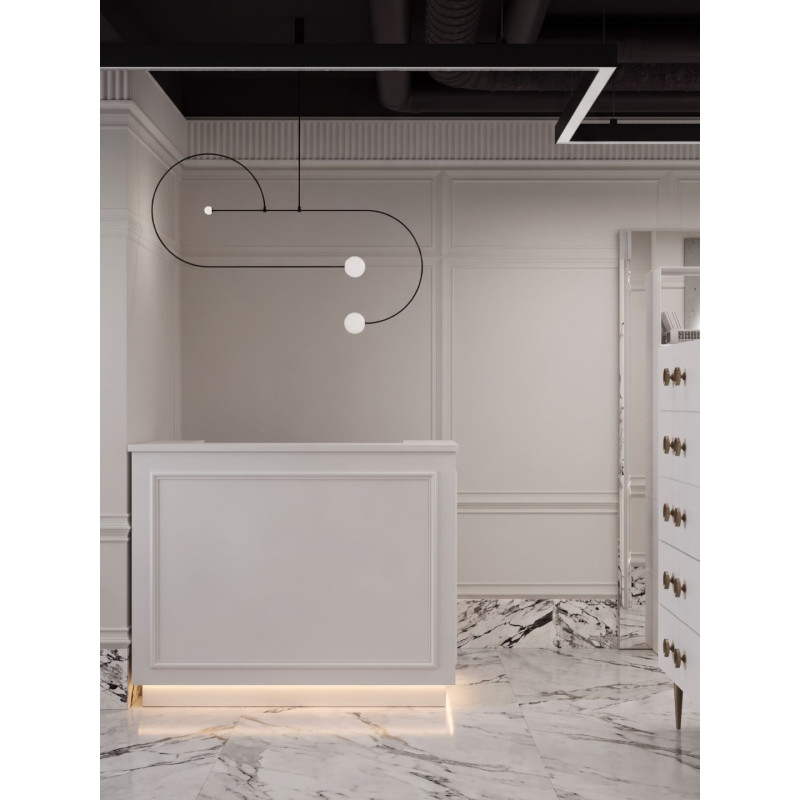 White beauty salon reception desk with stucco