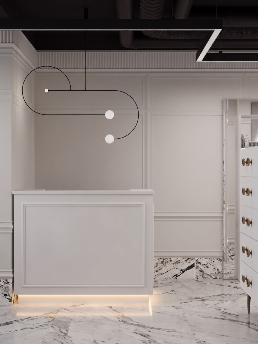 White beauty salon reception desk with stucco