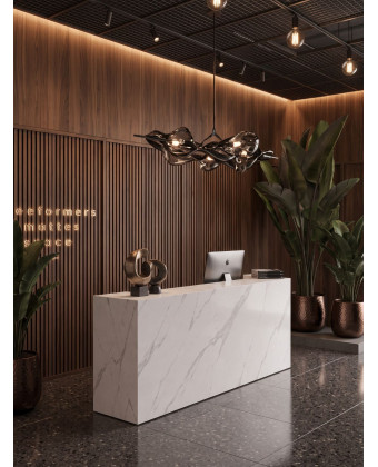 white marble stone reception desk