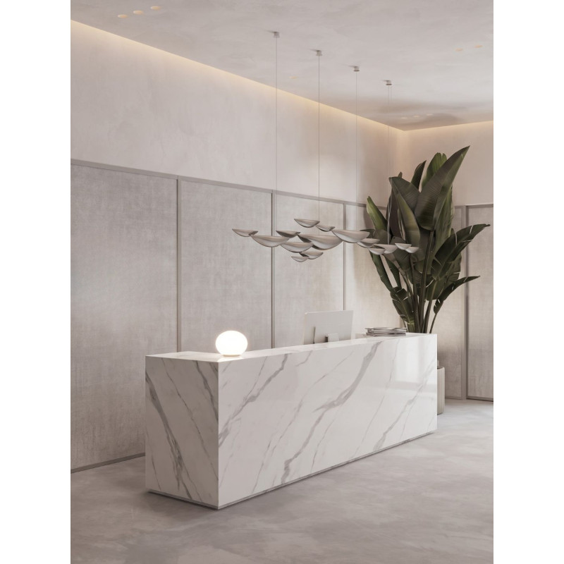white marble stone reception desk