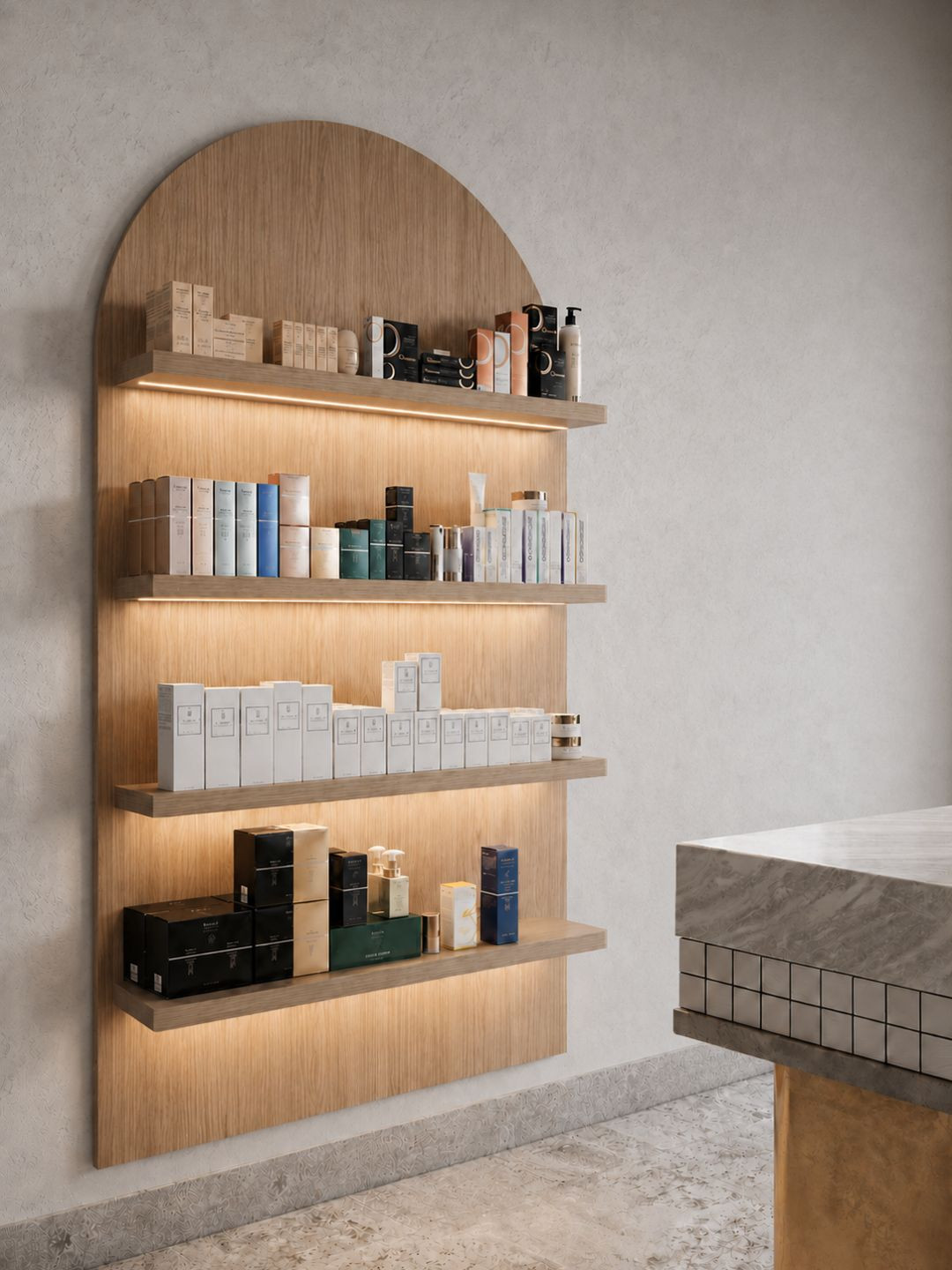 Wooden display shelf for a beauty salon Wooden display shelf for a beauty salon