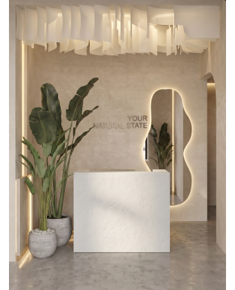 WHITE STONE – weiße Rezeptionstheke in Steinoptik, 140 cm