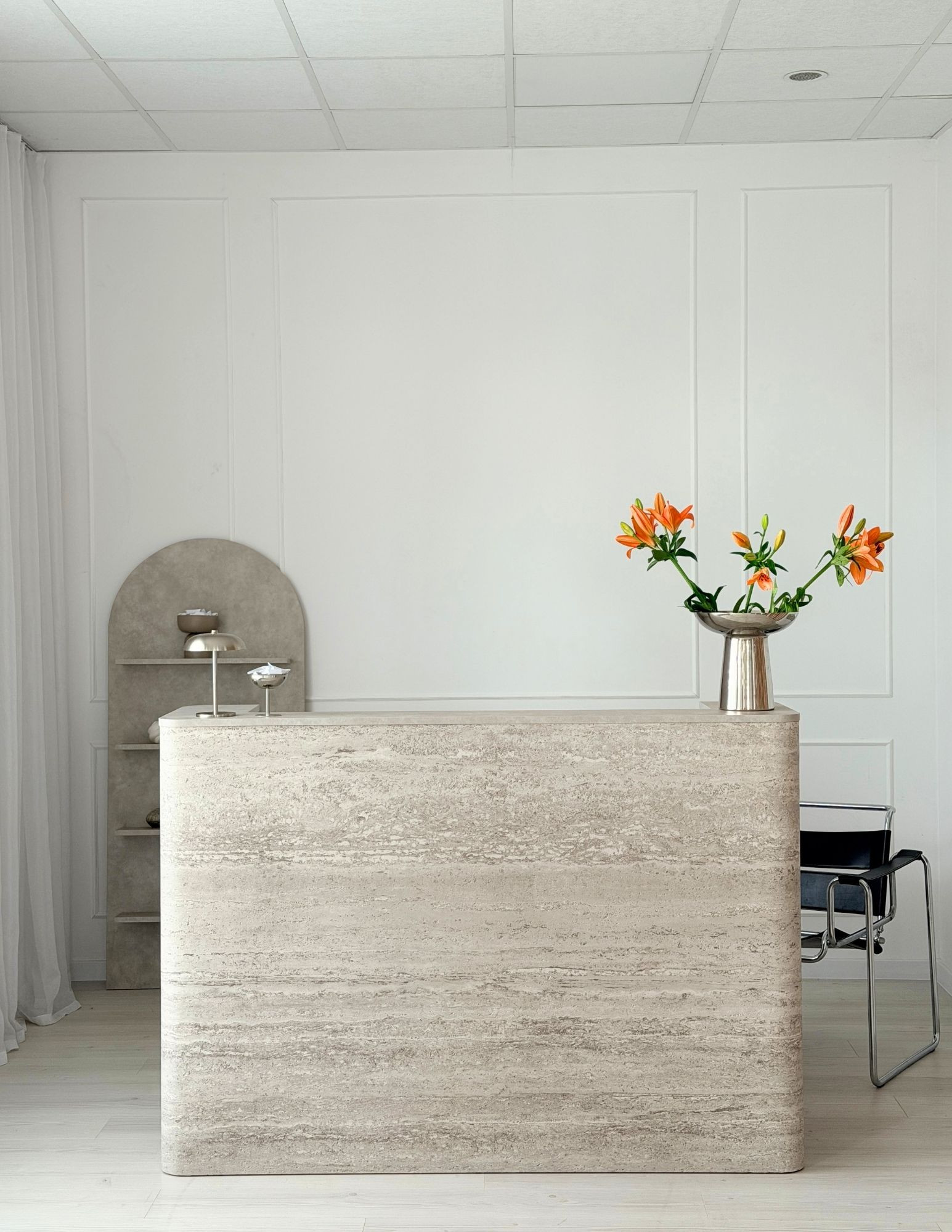 DUNA Reception Desk – Hair Salon Counter with Travertine-Look Finish, 80–160 cm  BOEVA