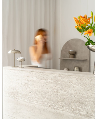 DUNA Reception Desk – Hair Salon Counter with Travertine-Look Finish, 80–160 cm  BOEVA