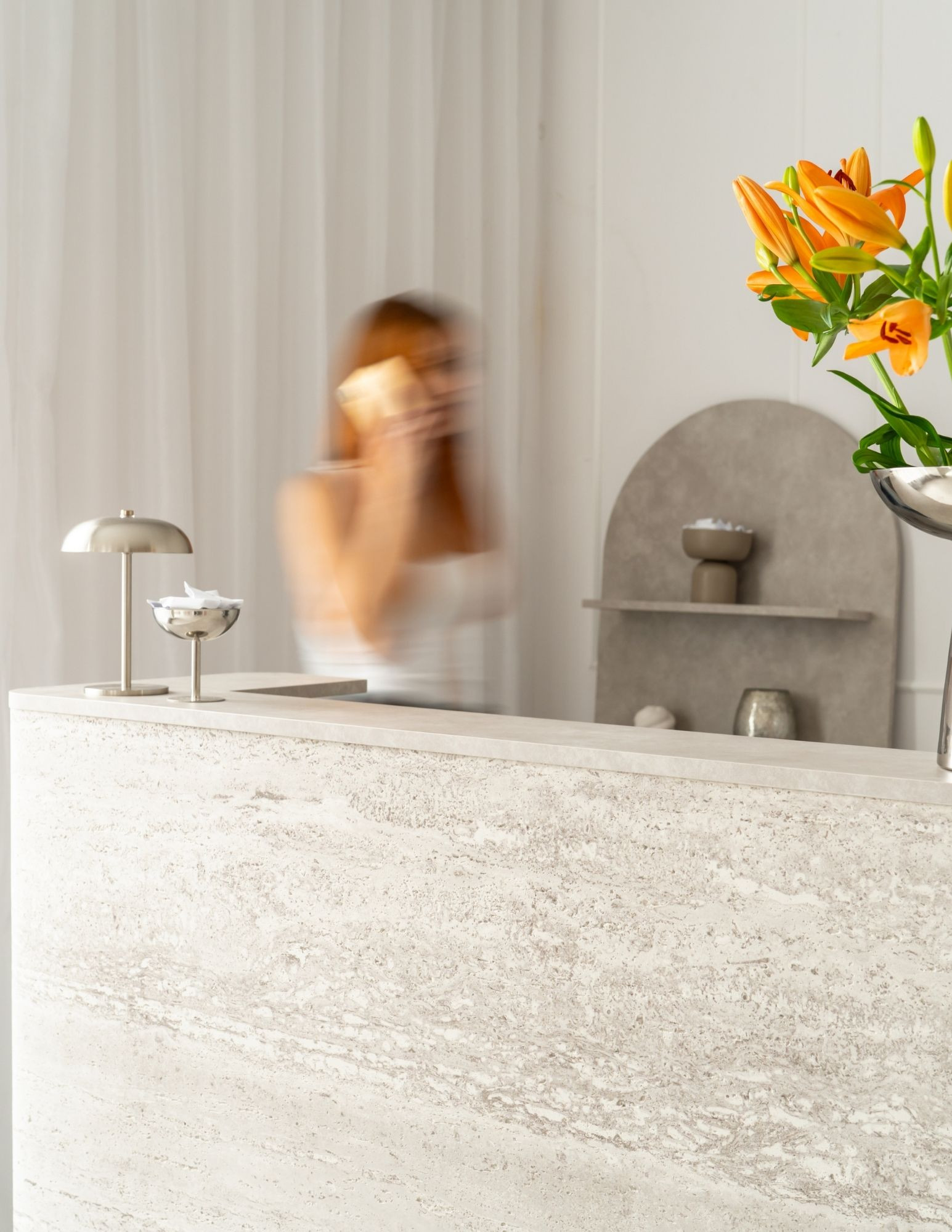 DUNA Reception Desk – Hair Salon Counter with Travertine-Look Finish, 80–160 cm BOEVA DUNA Reception Desk – Hair Salon Counter with Travertine-Look Finish, 80–160 cm BOEVA