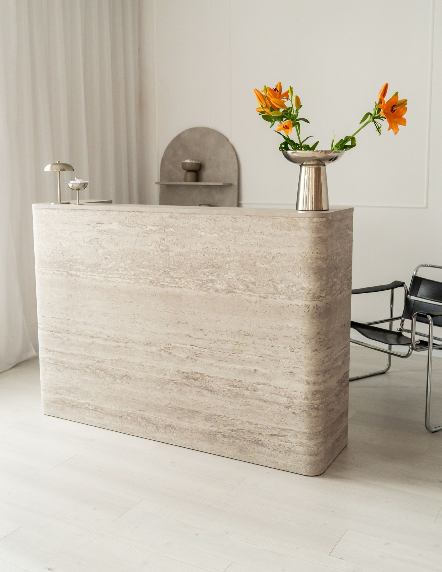 DUNA-Rezeption – Friseurtheke mit Travertin-Optik, 80–160 cm  BOEVA