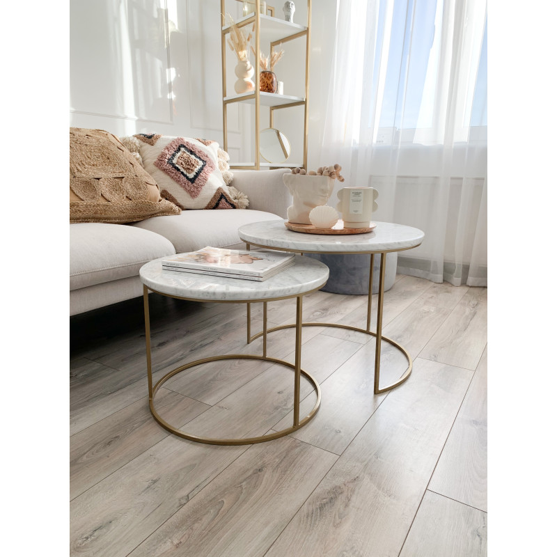 komplet stolików do poczekalni salonu beauty, marmur naturalny, podstawa złota, BOEVA CORNELIA