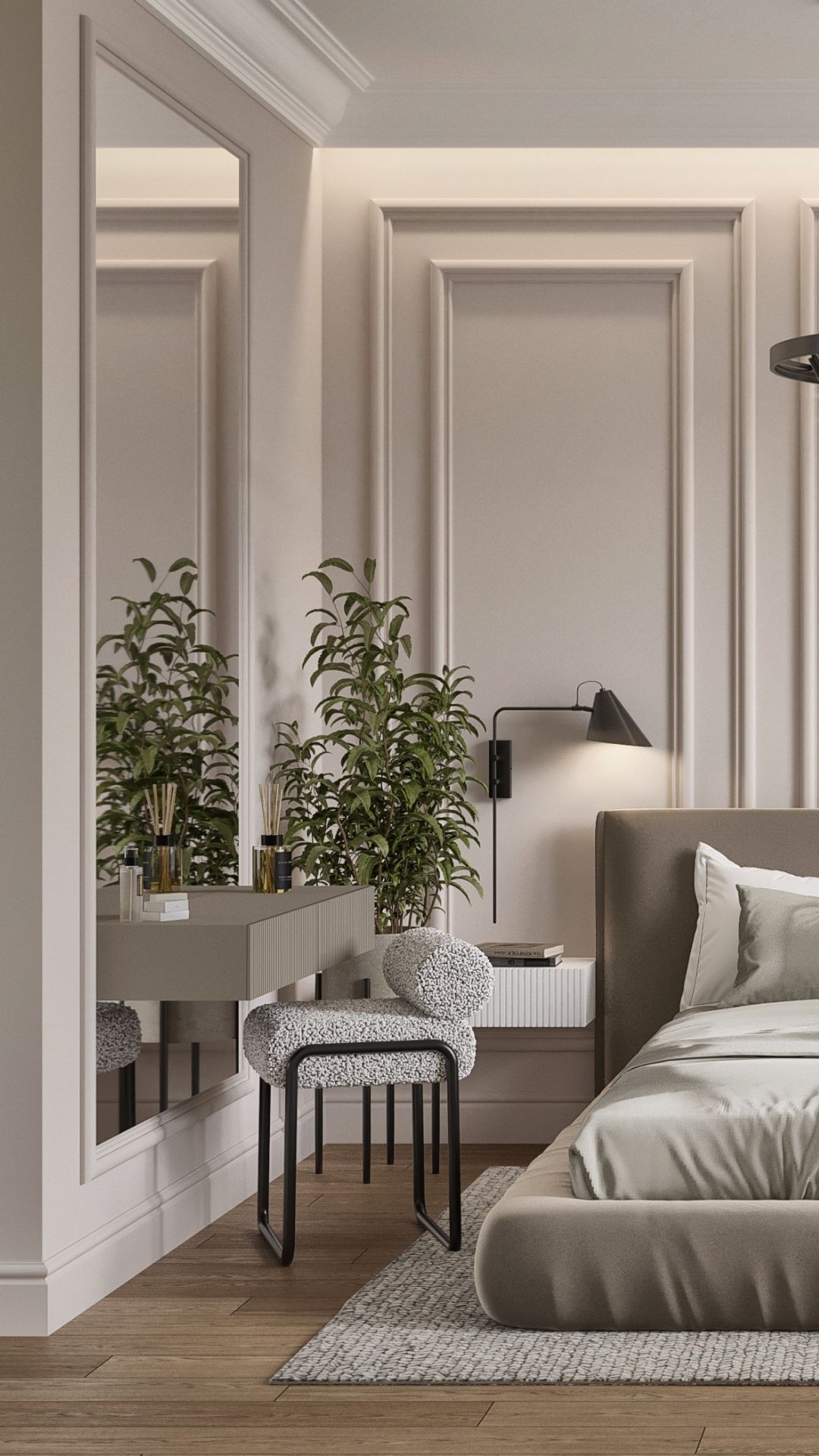 The modern MILEY vanity in cashmere color, featuring vertical grooves and an elegant finish